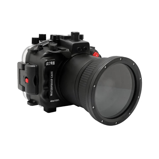 Sony A7R III V.3 Series 40M/130FT Underwater camera housing (Flat Long port) Focus gear for FE 90mm / Sigma 35mm included. Black
