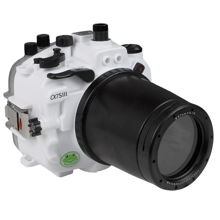 Sony A7S III 40M/130FT Underwater camera housing with 67mm threaded flat port for FE 90mm macro lens (focus gear included) and standard port bundle. White