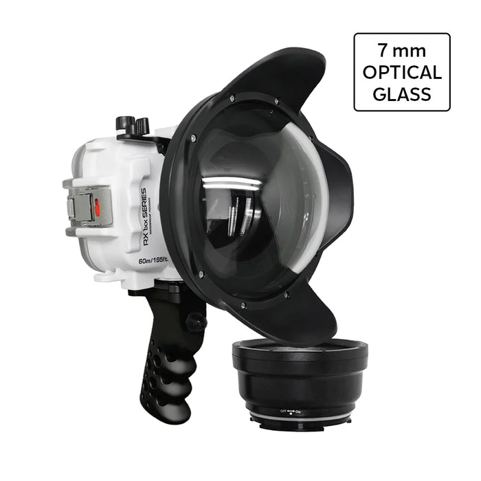 60M/195FT Waterproof housing for Sony RX1xx series Salted Line with Aluminium Pistol Grip & 6" Optical Glass Dry Dome Port(White)