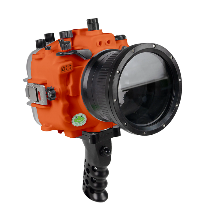 Sony A7 IV Salted Line series 40M/130FT Waterproof camera housing with Aluminium Pistol Grip trigger (Standard port). Orange