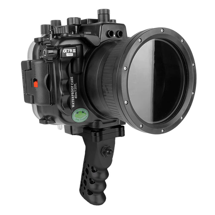 Sony A7 III V.3 Series UW camera housing with 6" Dome port & Aluminium Pistol Grip (Including Standard port) Zoom rings for FE12-24 F4 and FE16-35 F4 included. Black - Surf