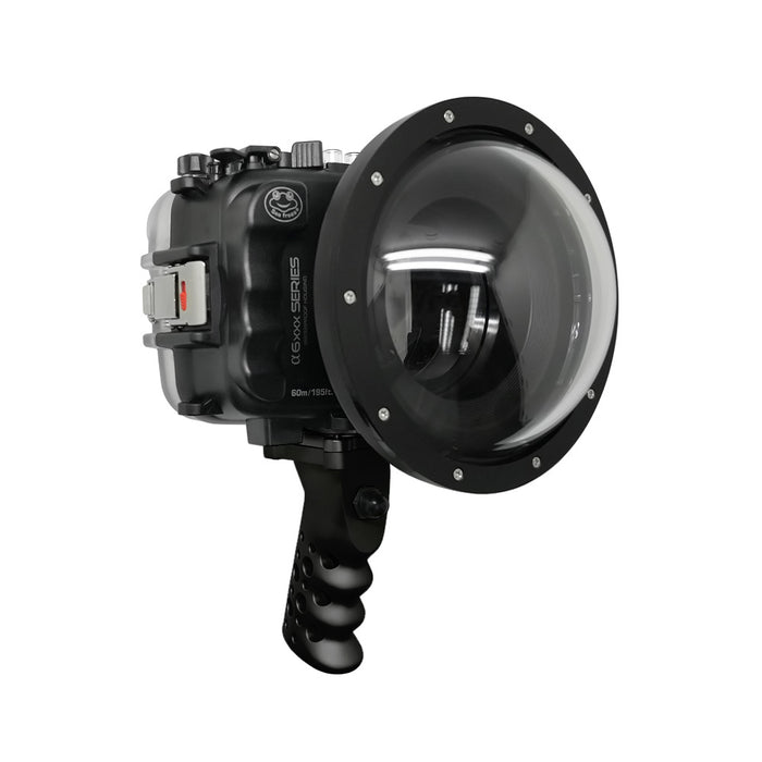 SeaFrogs 60M/195FT Waterproof housing for Sony A6xxx series Salted Line with Aluminium Pistol Grip & 6" Dry dome port (Black) - Surfing photography edition / GEN 3