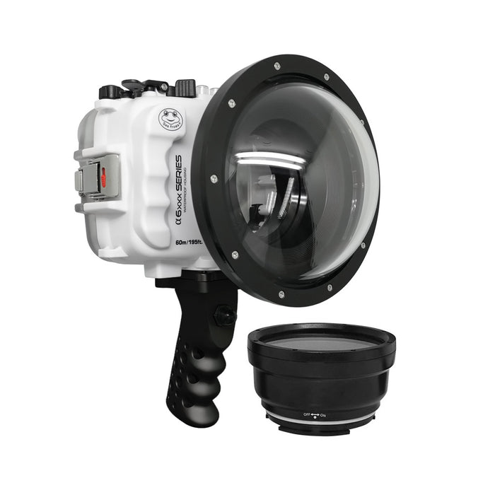 SeaFrogs 60M/195FT Waterproof housing for Sony A6xxx series Salted Line with Aluminium Pistol Grip & 6" Dry dome port (White) - Surfing photography edition / GEN 3