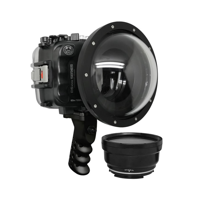 SeaFrogs 60M/195FT Waterproof housing for Sony A6xxx series Salted Line with Aluminium Pistol Grip & 6" Dry dome port (Black) - Surfing photography edition / GEN 3