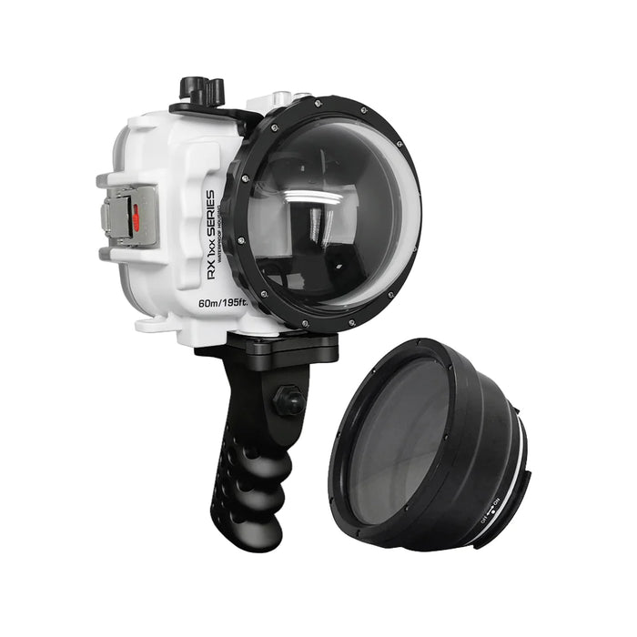 60M/195FT Waterproof housing for Sony RX1xx series Salted Line with Aluminium Pistol Grip & 4" Dry Dome Port(White)