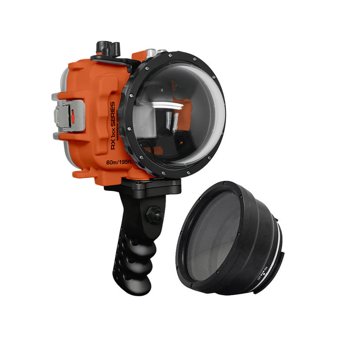 60M/195FT Waterproof housing for Sony RX1xx series Salted Line with Aluminium Pistol Grip & 4" Dry Dome Port (Orange)