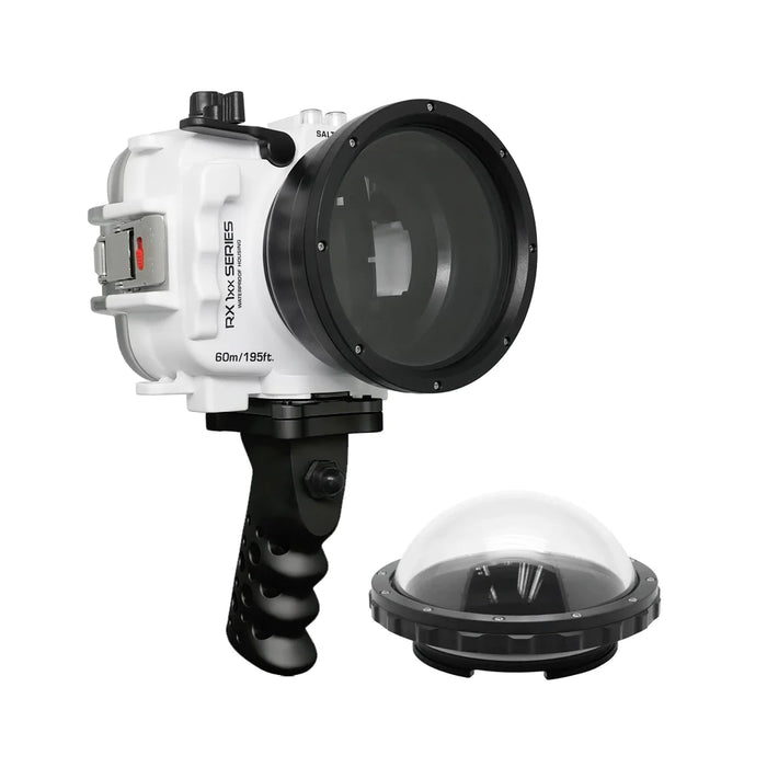 60M/195FT Waterproof housing for Sony RX1xx series Salted Line with Aluminium Pistol Grip & 4" Dry Dome Port(White)