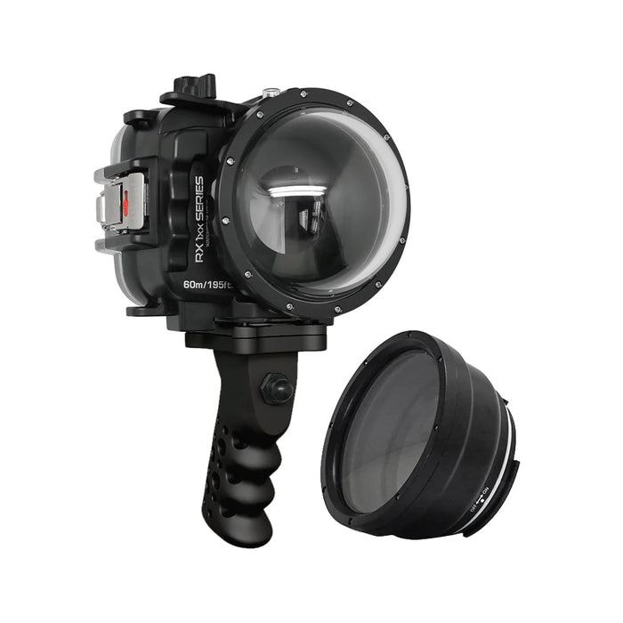 60M/195FT Waterproof housing for Sony RX1xx series Salted Line with Aluminium Pistol Grip & 4" Dry Dome Port (Black)