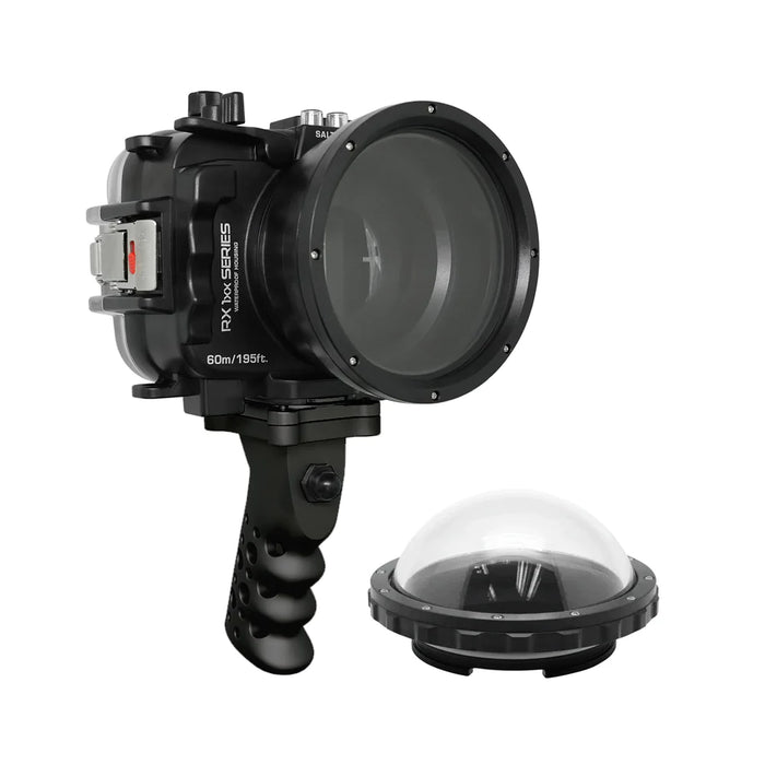 60M/195FT Waterproof housing for Sony RX1xx series Salted Line with Aluminium Pistol Grip & 4" Dry Dome Port (Black)