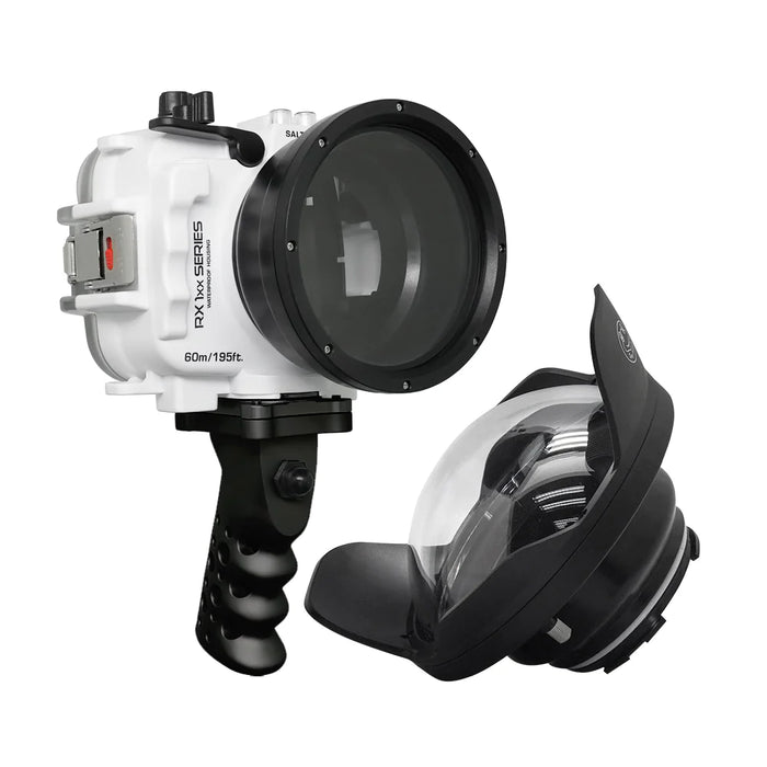 60M/195FT Waterproof housing for Sony RX1xx series Salted Line with Aluminium Pistol Grip & 6" Dry Dome Port(White)