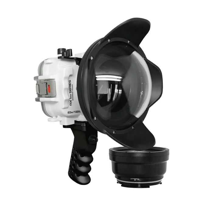 60M/195FT Waterproof housing for Sony RX1xx series Salted Line with Aluminium Pistol Grip & 6" Dry Dome Port(White)