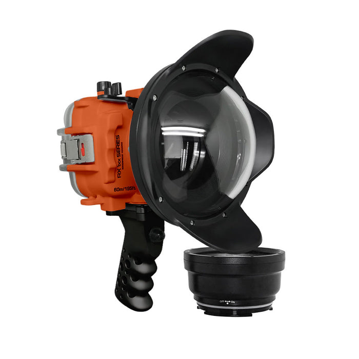 60M/195FT Waterproof housing for Sony RX1xx series Salted Line with Aluminium Pistol Grip & 6" Dry Dome Port(Orange)