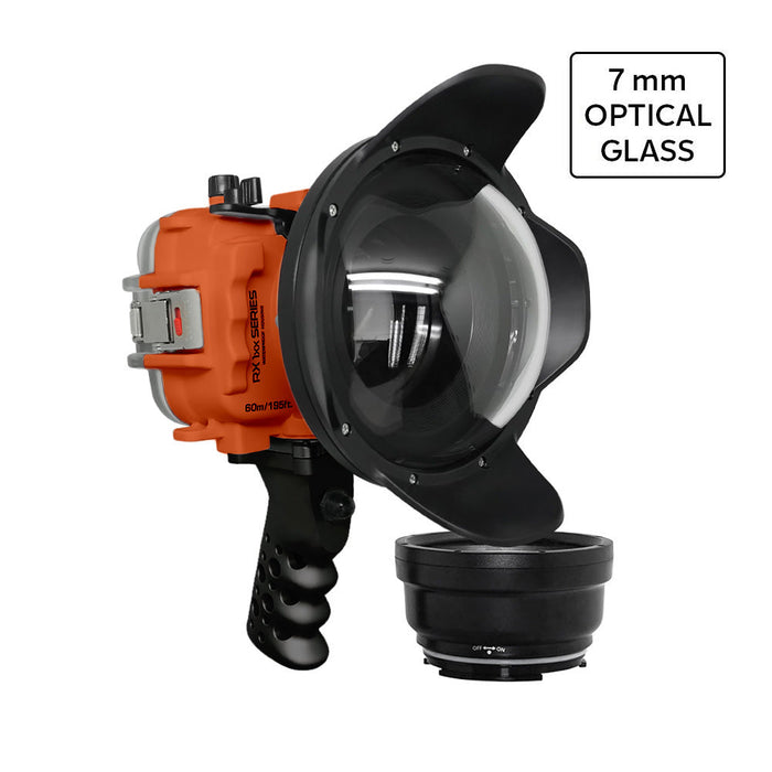 60M/195FT Waterproof housing for Sony RX1xx series Salted Line with Aluminium Pistol Grip & 6" Optical Glass Dry Dome Port(Orange)