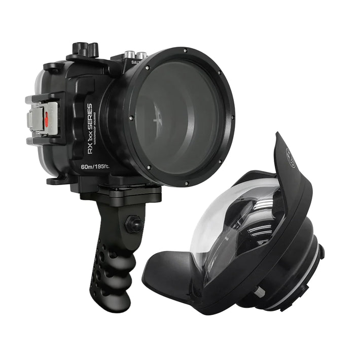 60M/195FT Waterproof housing for Sony RX1xx series Salted Line with Aluminium Pistol Grip & 6" Dry Dome Port (Black)