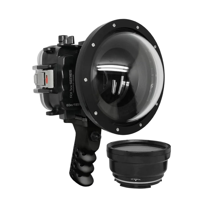 60M/195FT Waterproof housing for Sony RX1xx series Salted Line with Aluminium Pistol Grip & 6" Dry Dome Port - Surf (Black)