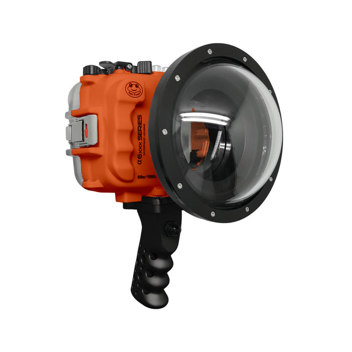 SeaFrogs 60M/195FT Waterproof housing for Sony A6xxx series Salted Line with Aluminium Pistol Grip & 6" Dry dome port (Orange) - Surfing photography edition / GEN 3