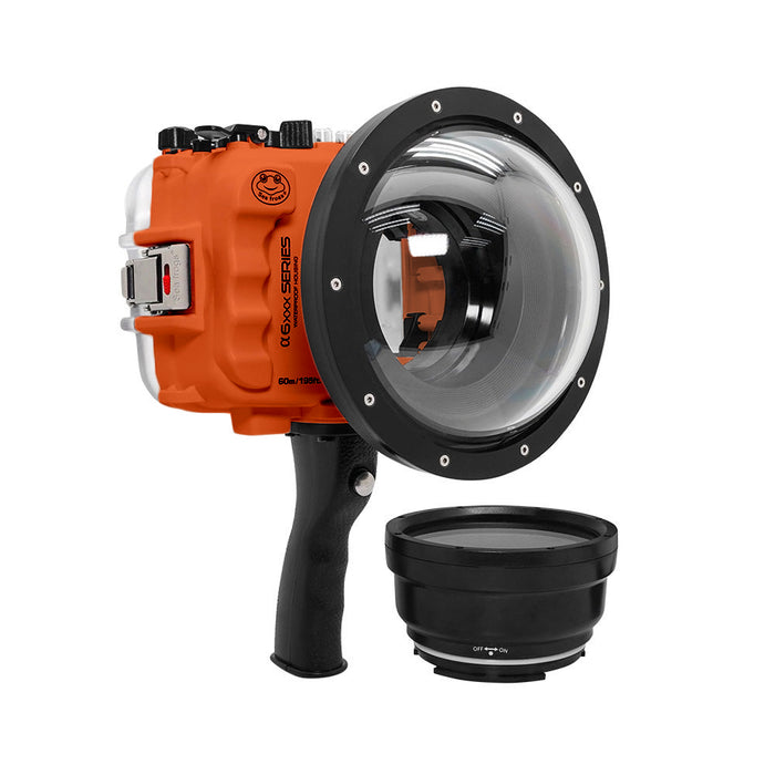 SeaFrogs 60M/195FT Waterproof housing for Sony A6xxx series Salted Line with pistol grip & 6" Dry dome port (Orange) - Surfing photography edition / GEN 3