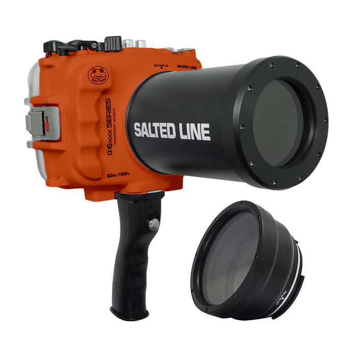 SeaFrogs 60M/195FT Waterproof housing for Sony A6xxx series Salted Line with pistol grip & 55-210mm lens port (Orange) / GEN 3