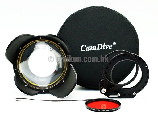 Wide Angle Wet Correctional Dome Port Lens Version II (67mm Round Adapter) with 67mm to 67mm Flip adapter & CamDive Red Diving Filter