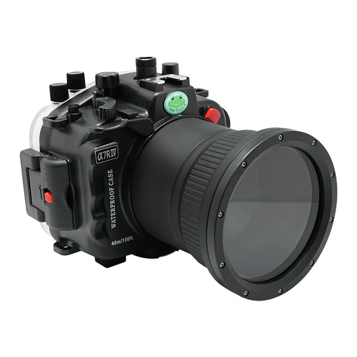 Sony A7R IV Series 40M/130FT Underwater camera housing (Flat Long port) Focus gear for FE 90mm / Sigma 35mm included. Black