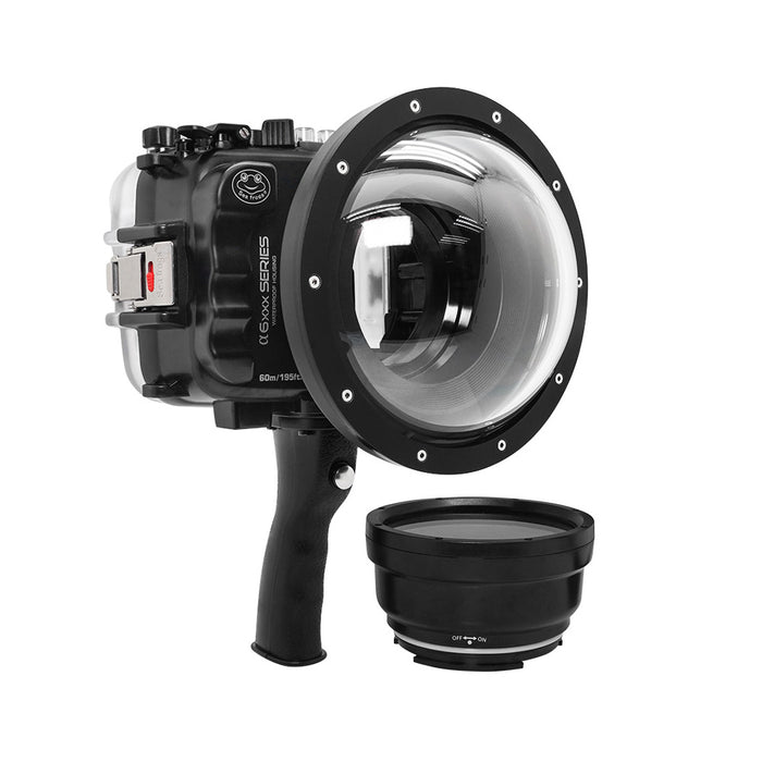 SeaFrogs 60M/195FT Waterproof housing for Sony A6xxx series Salted Line with pistol grip & 6" Dry dome port (Black) - Surfing photography edition / GEN 3