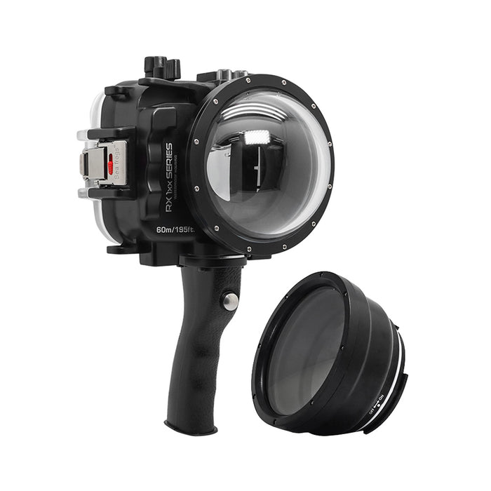 60M/195FT Waterproof housing for Sony RX1xx series Salted Line with Pistol grip & 4" Dry Dome Port (Black)