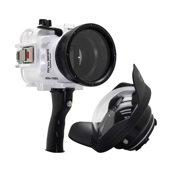 60M/195FT Waterproof housing for Sony RX1xx series Salted Line with Pistol grip & 6" Optical Glass Dry Dome Port(White)
