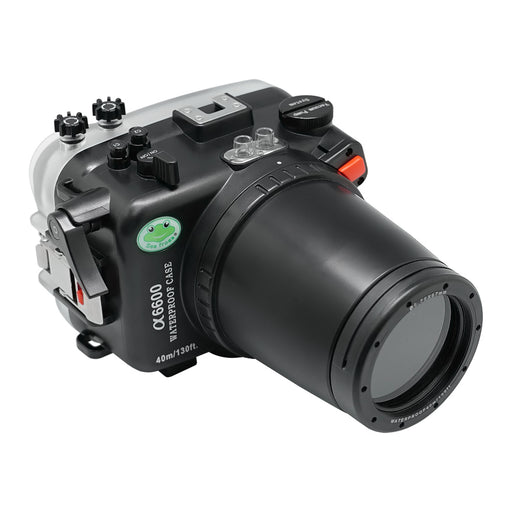 Sony A6600 40M/130FT Underwater camera housing with 67mm threaded Flat Long port. Focus gear for Sony FE 90mm included