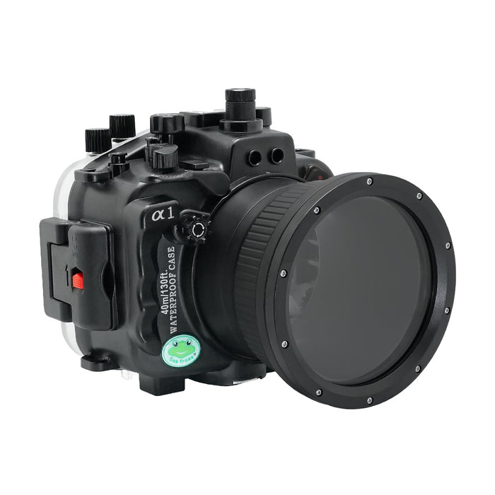 Sony A1 40M/130FT Underwater camera housing with 67mm threaded flat port for FE 90mm macro lens (focus gear included) and standard port bundle. Black